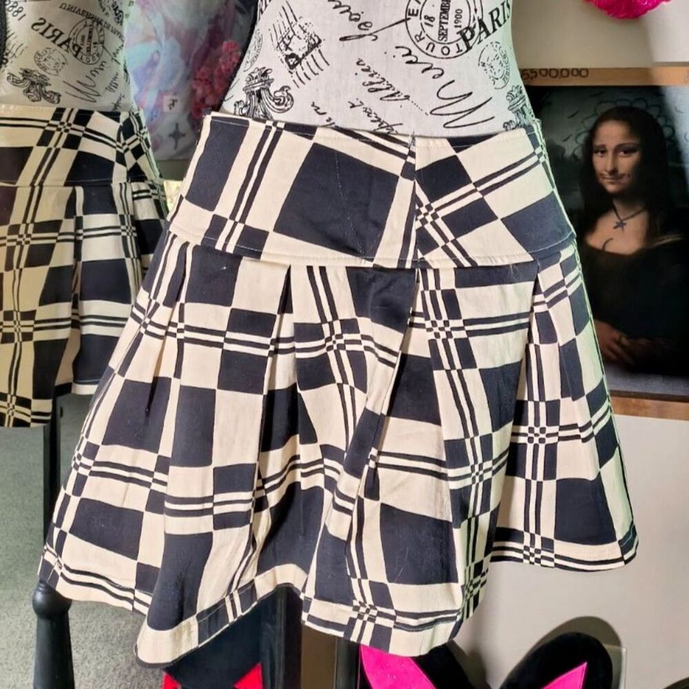 RARE dolls kill current mood cream black trippy swirl checker rave fest skirt
